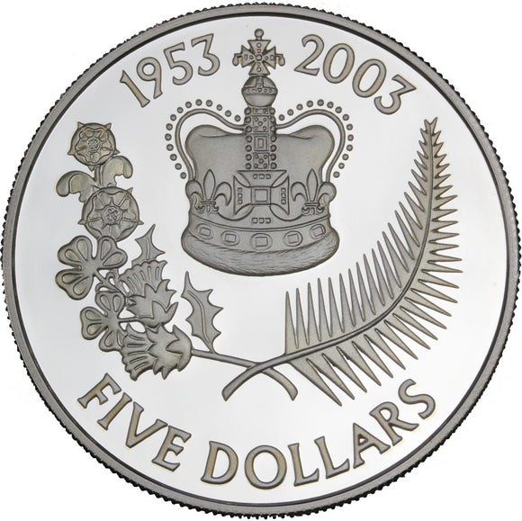 2003 - New Zealand - $5 - Queen Elizabeth II Coronation - Ag925 - Proof <br> (slightly toned)