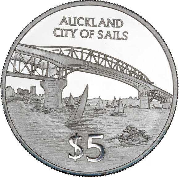 1996 - New Zealand - $5 - Auckland City of Sails - Ag925 - Frosted Proof