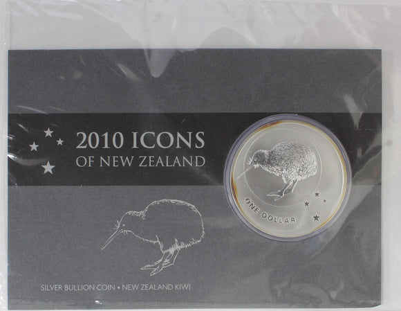 2010 - New Zealand - $1 - Ag999 - Kiwi - Icons <br> (Slightly Toned)