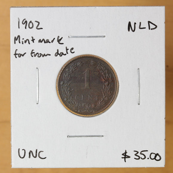 1902 - Netherlands - 1 Cent - Mint Mark Far from Date - retail $35
