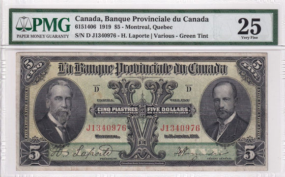1919 - La Banque Provinciale Du Canada - 5 Dollars - 25 VF (PMG)