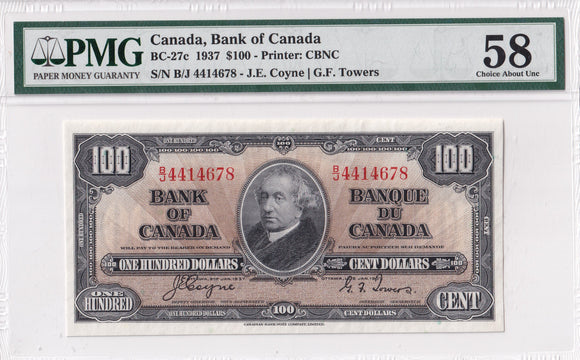 1937 - Canada - 100 Dollars - Coyne / Towers - AU58 PMG - B/J 4414678