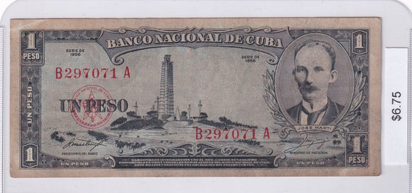 1956 - Cuba - 1 Peso - B 297071 A