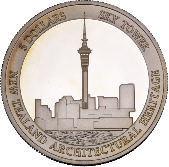 2002 - New Zealand - $5 - Sky Tower Auckland - Silver Proof Coin <br> (Slightly Toned)