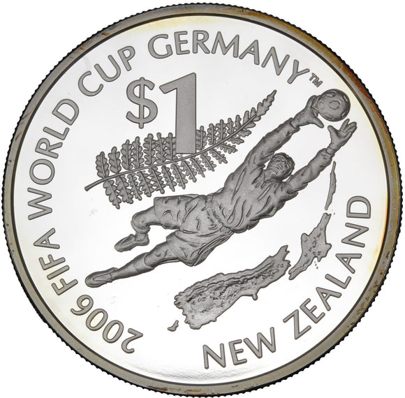 2006 - New Zealand - $1 - FIFA World Cup Germany - Silver Proof Coin <br> (Slightly Toned)