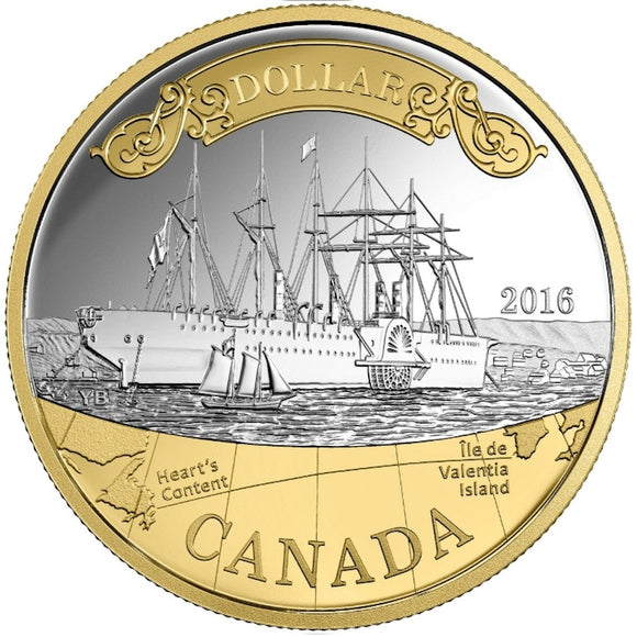2016 - Canada - $1 - 150th Anniv. of the Transatlantic Cable, Proof, Gold plated <br> (no box and COA)