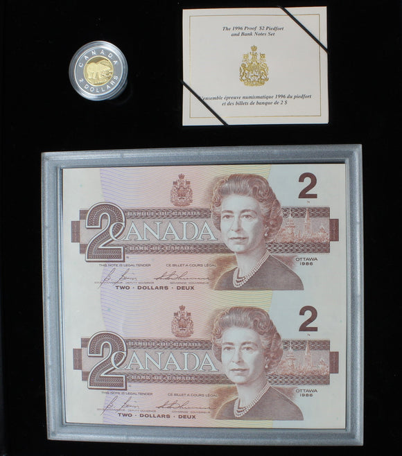 1996 - Canada - $2 - Proof 2 Dollar Piedfort and Banknotes Set