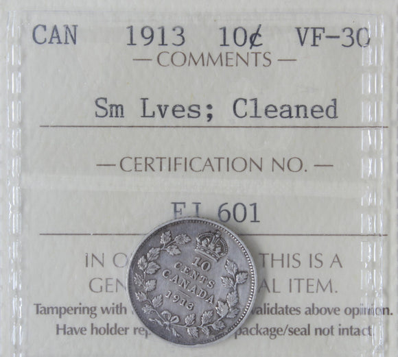 1913 - Canada - 10c - Small Leaves; Cleaned - VF30 ICCS