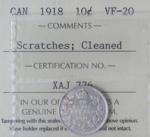 1918 - Canada - 10c - Scratches; Cleaned - VF20 ICCS