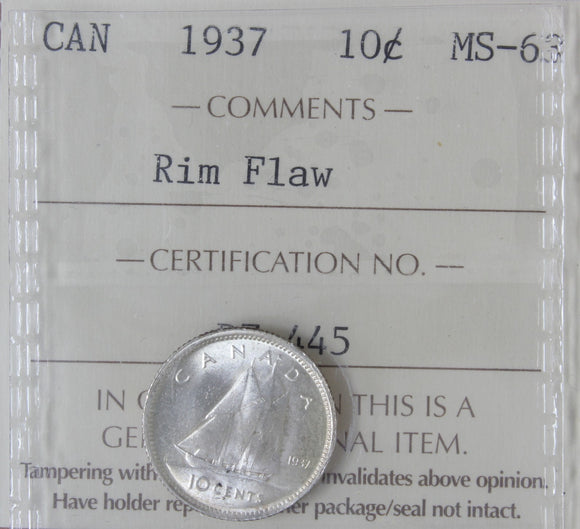 1937 - Canada - 10c - Rim Flaw - MS63 ICCS