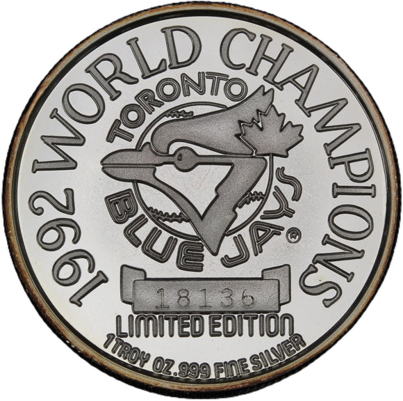 1992 - 1 oz - Toronto Blue Jays - Fine Silver <br> (Slightly toned)