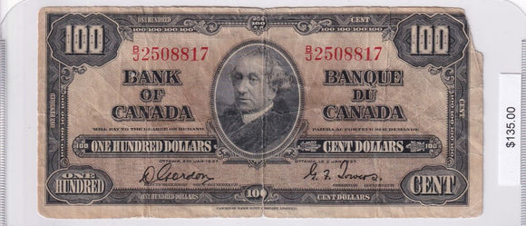 1937 - Canada - 100 Dollars - Gordon / Towers - B/J 2508817