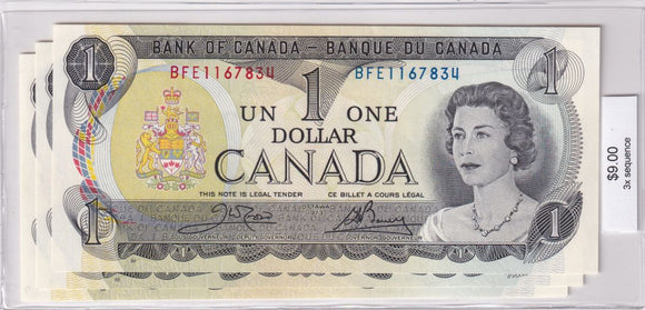 1973 - Canada - 1 Dollar - Crow / Bouey - 3 x Sequence - BFE1167834-6