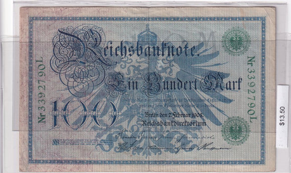 1908 - Germany - 100 Mark - Nr 3392790 L