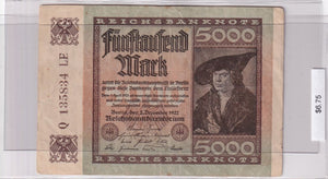 1922 - Germany - 5000 Mark - Q 135834 LE