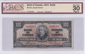 1937 - Canada - 100 Dollars - Coyne / Towers - VF30 BCS - B/J 4861381