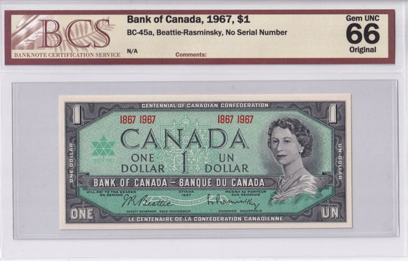 1967 - Canada - 1 Dollar - Beattie / Rasminsky - UNC66 BCS - 1867 1967