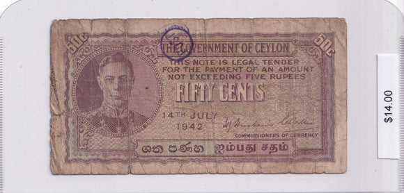 1942 - Ceylon - 50 Cents - A21 932984