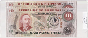 1981 - Philippines - 10 Piso - 2x Sequence - QN 140688, QN 140689