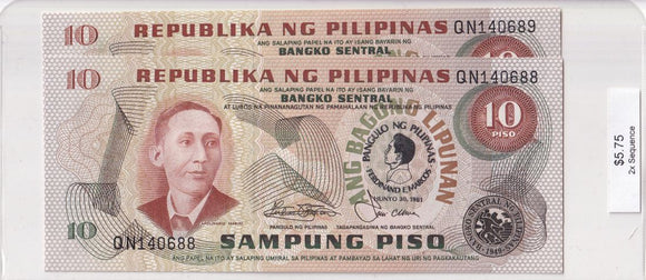 1981 - Philippines - 10 Piso - 2x Sequence - QN 140688, QN 140689