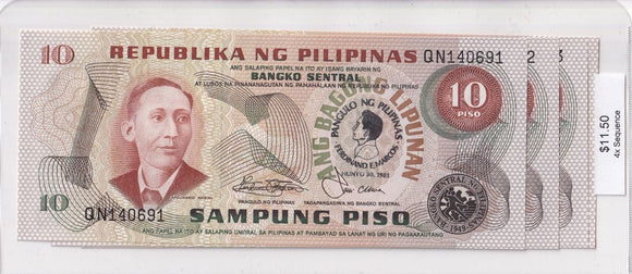 1981 - Philippines - 10 Piso - 4x Sequence - QN 140691, QN 140692, QN 140693, QN 140694