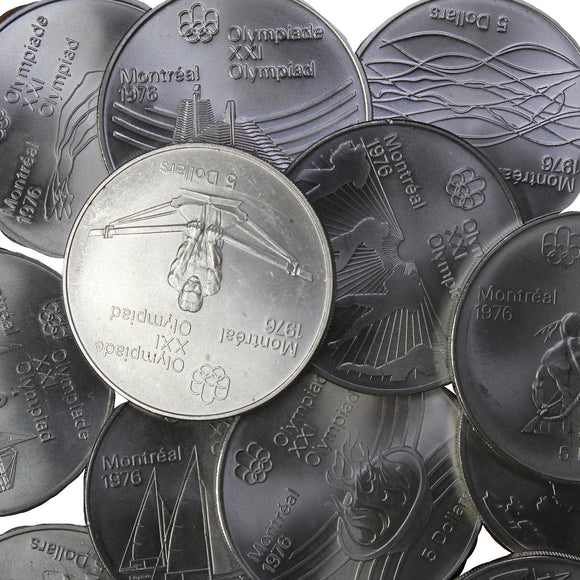 <b>92.5%</b> - Canadian Silver<br>Montreal Olympic<br> 5 Dollars - 1973-1976