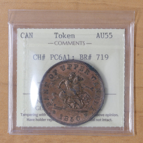 PC-6A1 - 1850 - Province of Canada - One Penny Token- AU55 ICCS - retail $175