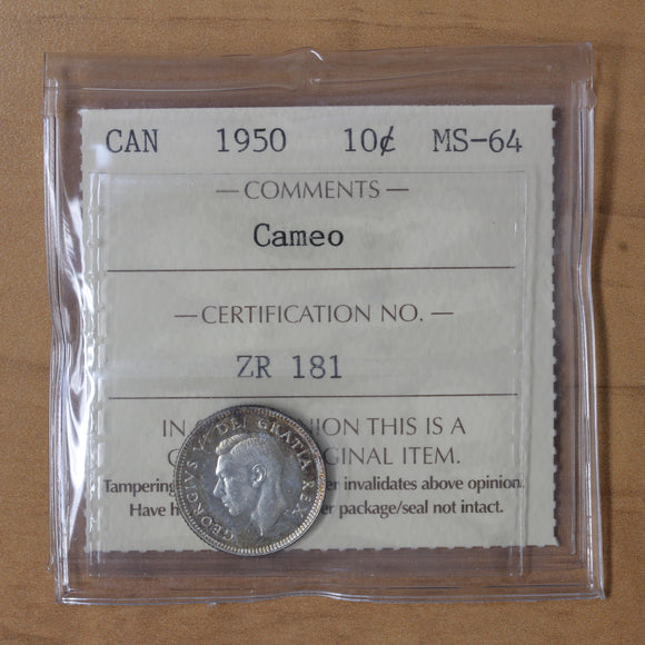 1950 - Canada - 10c - MS62 (Cameo) ICCS