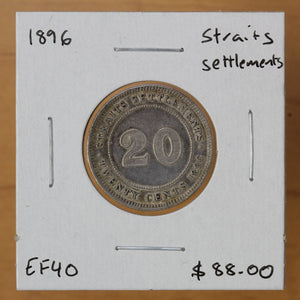 1896 - Straits Settlements - 20 Cents - EF40 - retail $88