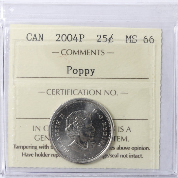2004 P - Canada - 25c - Poppy - MS66 ICCS - retail $50