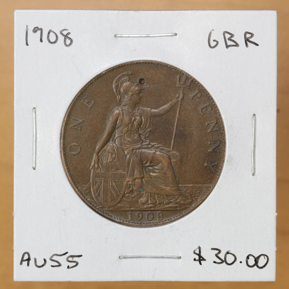 1908 - Great Britain - 1 Penny - AU55 - retail $30