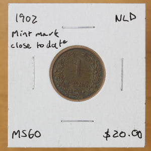 1902 - Netherlands - 1 Cent - Mint Mark Close to Date - retail $20