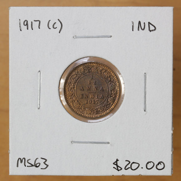 1917 (c) - India - 1/12 Anna - MS63 - retail $20