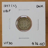1897 (h) VBP - Denmark - 10 Ore - VF30 - retail $36