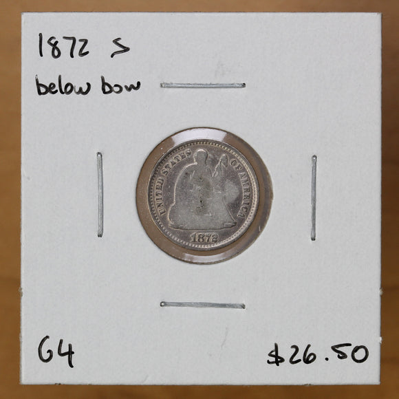 1872 S - USA - 1/2 Dime - G4 - Below Bow - retail $26.50