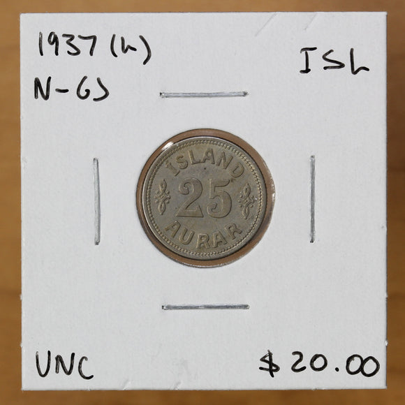 1937 (h) N-GJ - Iceland - 25 Aurar - UNC - retail $20
