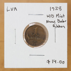 1928 - Latvia - 1 Santims - W/O Name Below Ribbon - VF - 50% OFF!