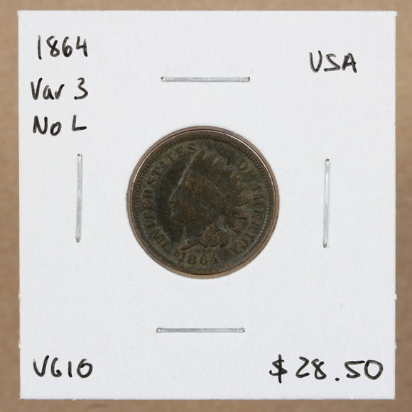 1864 - USA - 1c - Var 3 No L - VG10 - retail $28.50