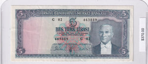 1952 - Turkey - 5 Lira - G 02 463889