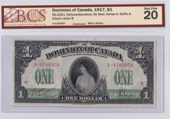 1917 - Canada - 1 Dollar - Saunders (No Seal) - VF20 BCS - A-418095A