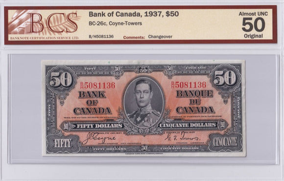 1937 - Canada - 50 Dollars - Coyne / Towers - AU50 BCS - B/H 5081136