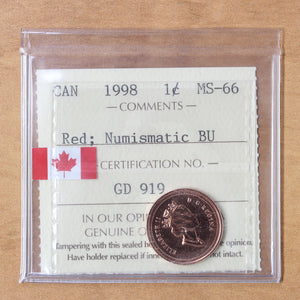 1998 - Canada - 1c - MS66 (Numismatic BU) ICCS - retail $15