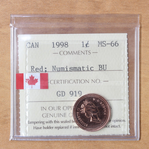 1998 - Canada - 1c - MS66 (Numismatic BU) ICCS - retail $15